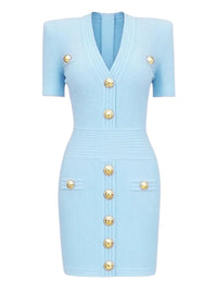 Thumbnail for Light blue midi dress with gold buttons on a white background