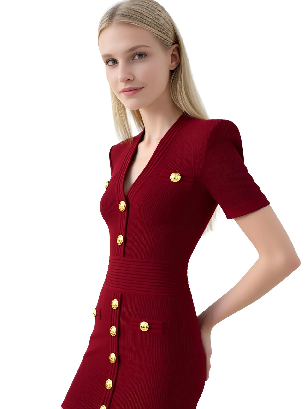 Claret dress with gold buttons worn by a model on a white background