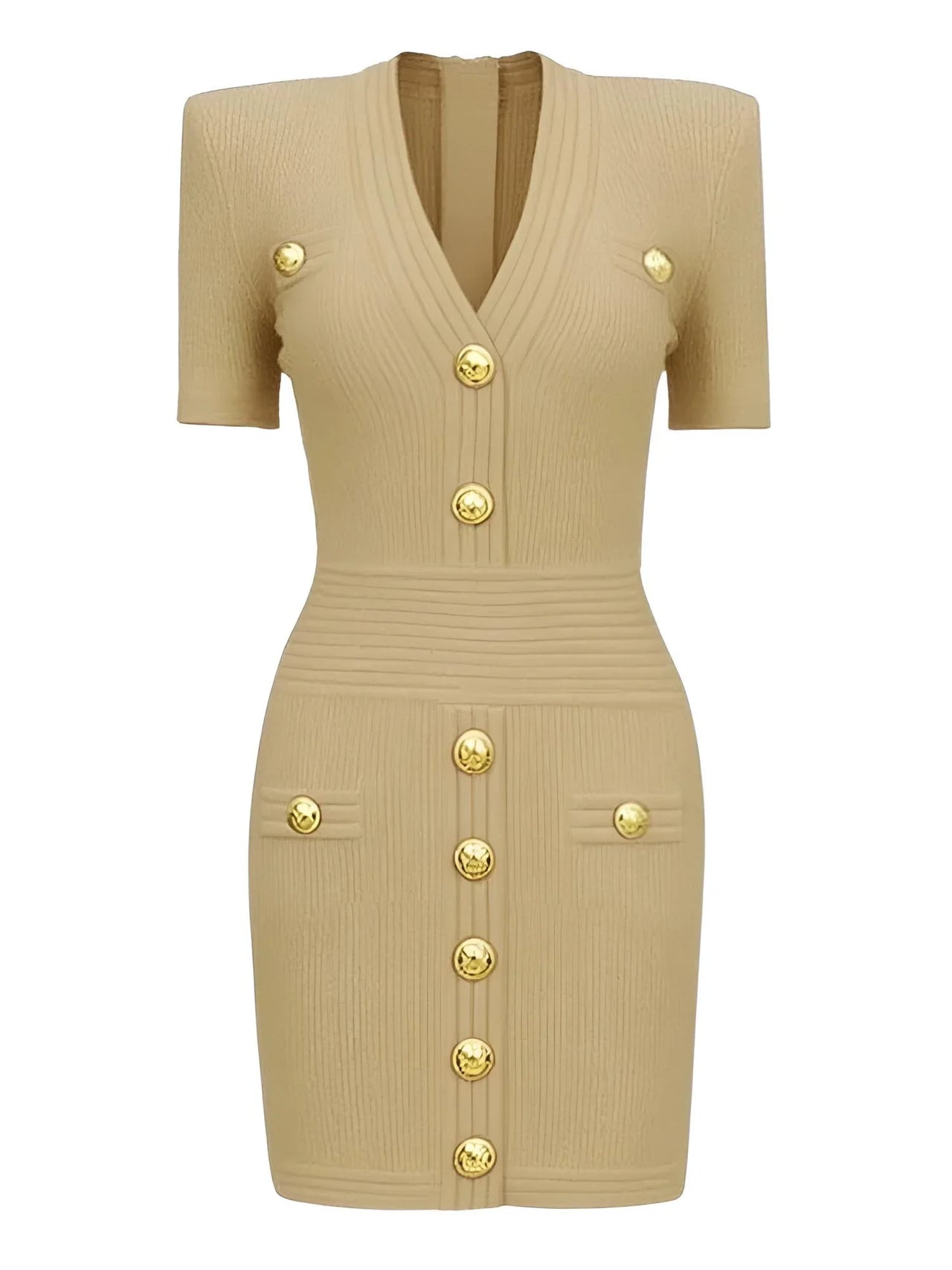 Khaki midi dress with gold buttons on a white background