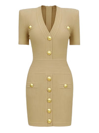Thumbnail for Khaki midi dress with gold buttons on a white background