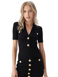Thumbnail for Woman wearing a black midi dress with gold buttons on a white background