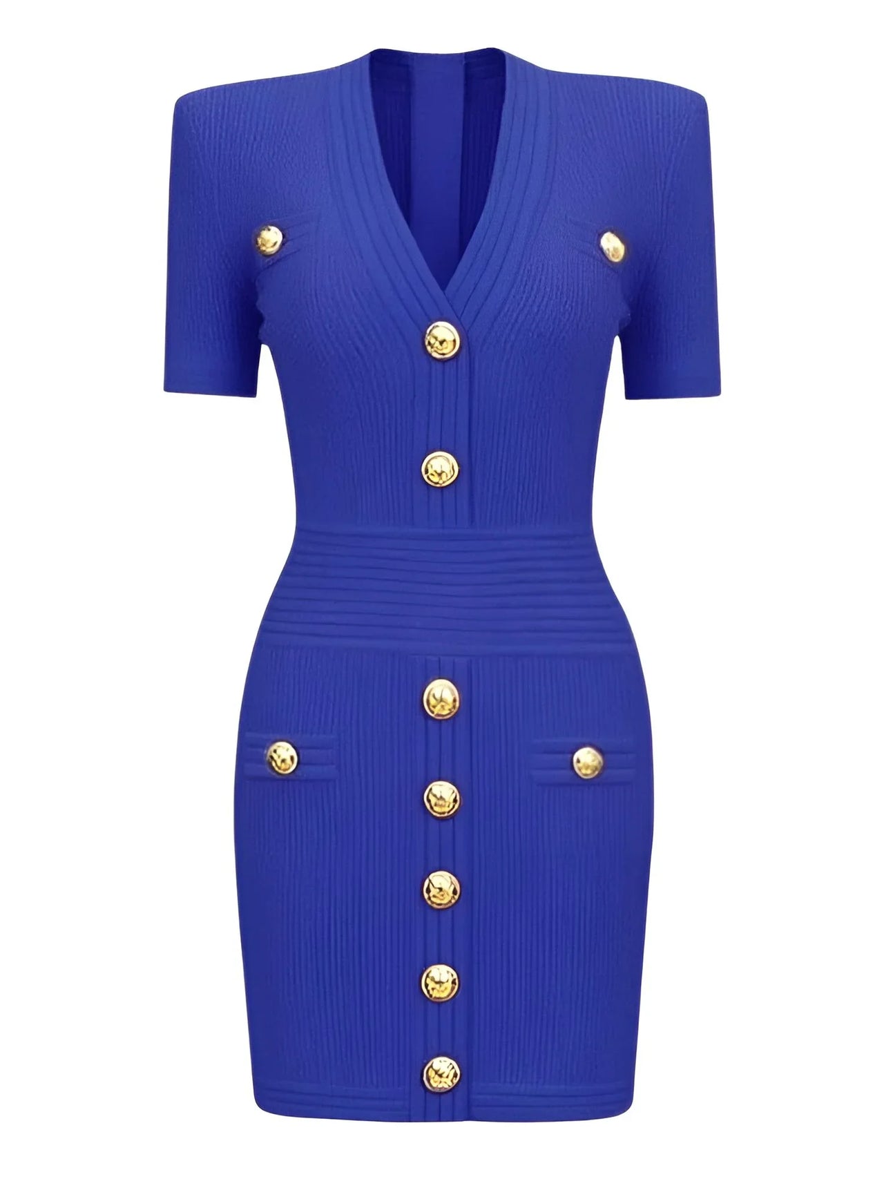 Royal blue midi dress with gold buttons on a white background