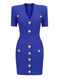 Thumbnail for Royal blue midi dress with gold buttons on a white background