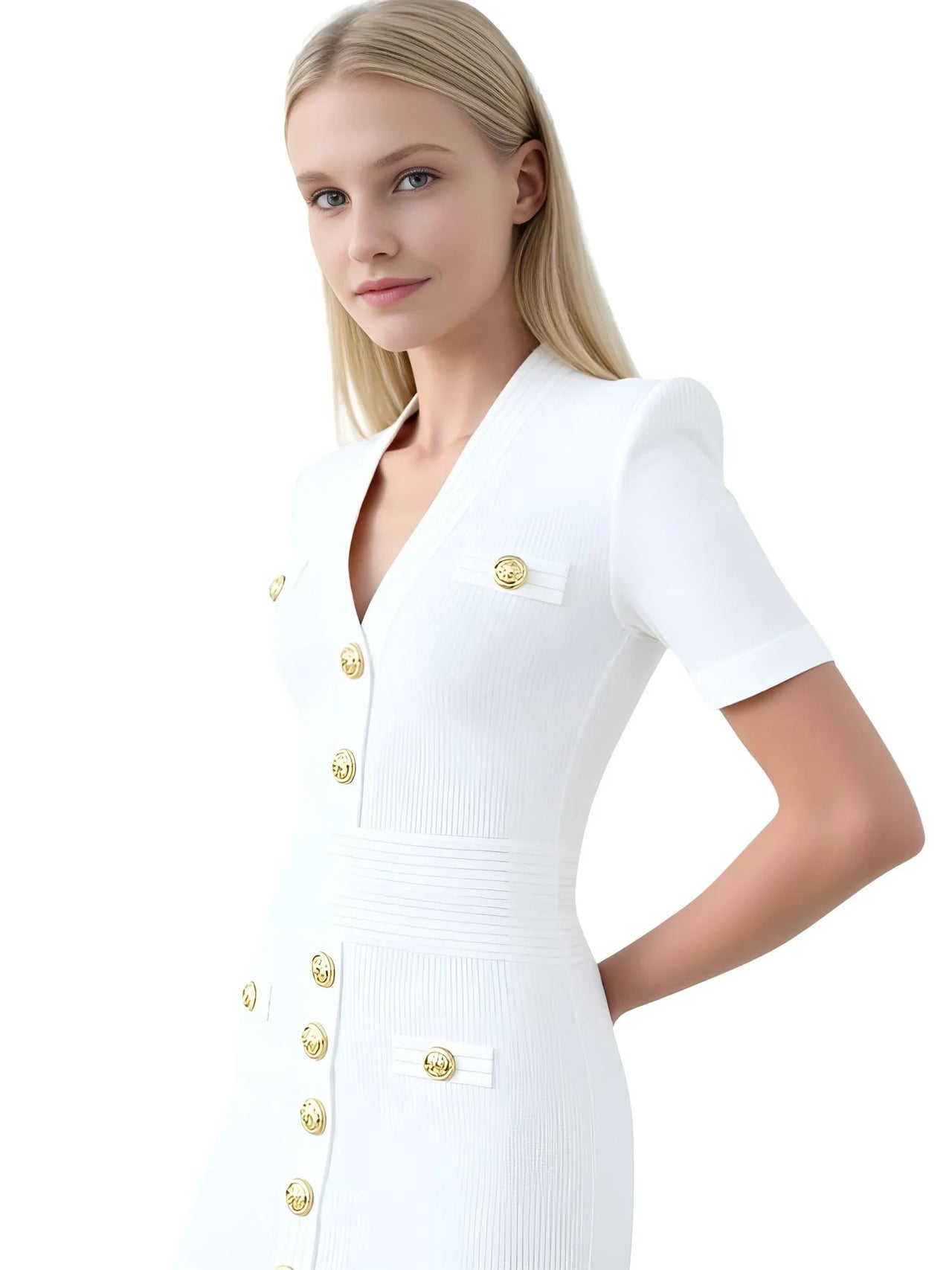 Woman wearing a white dress with gold buttons on a white background