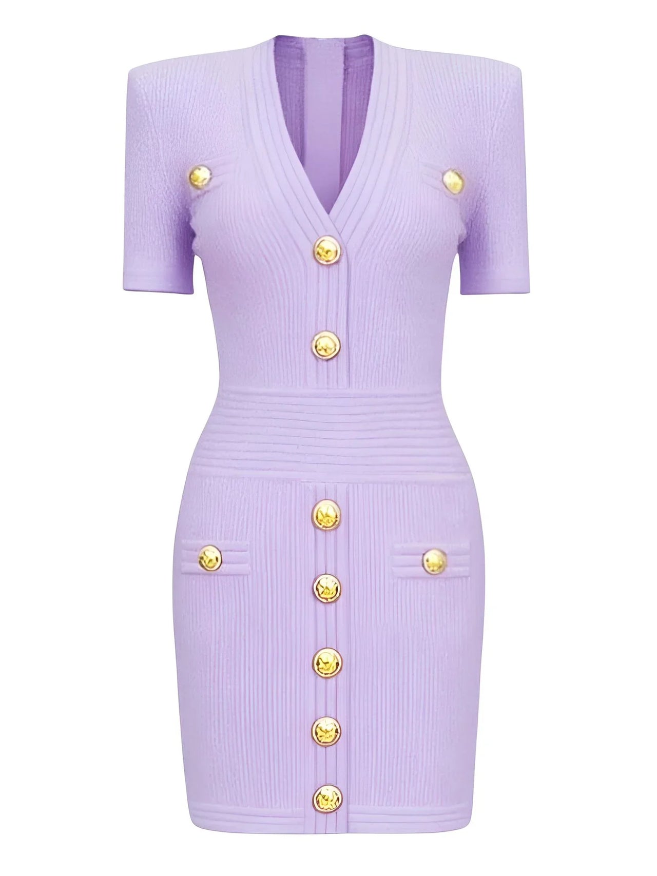 Light purple midi dress with gold buttons on a white background