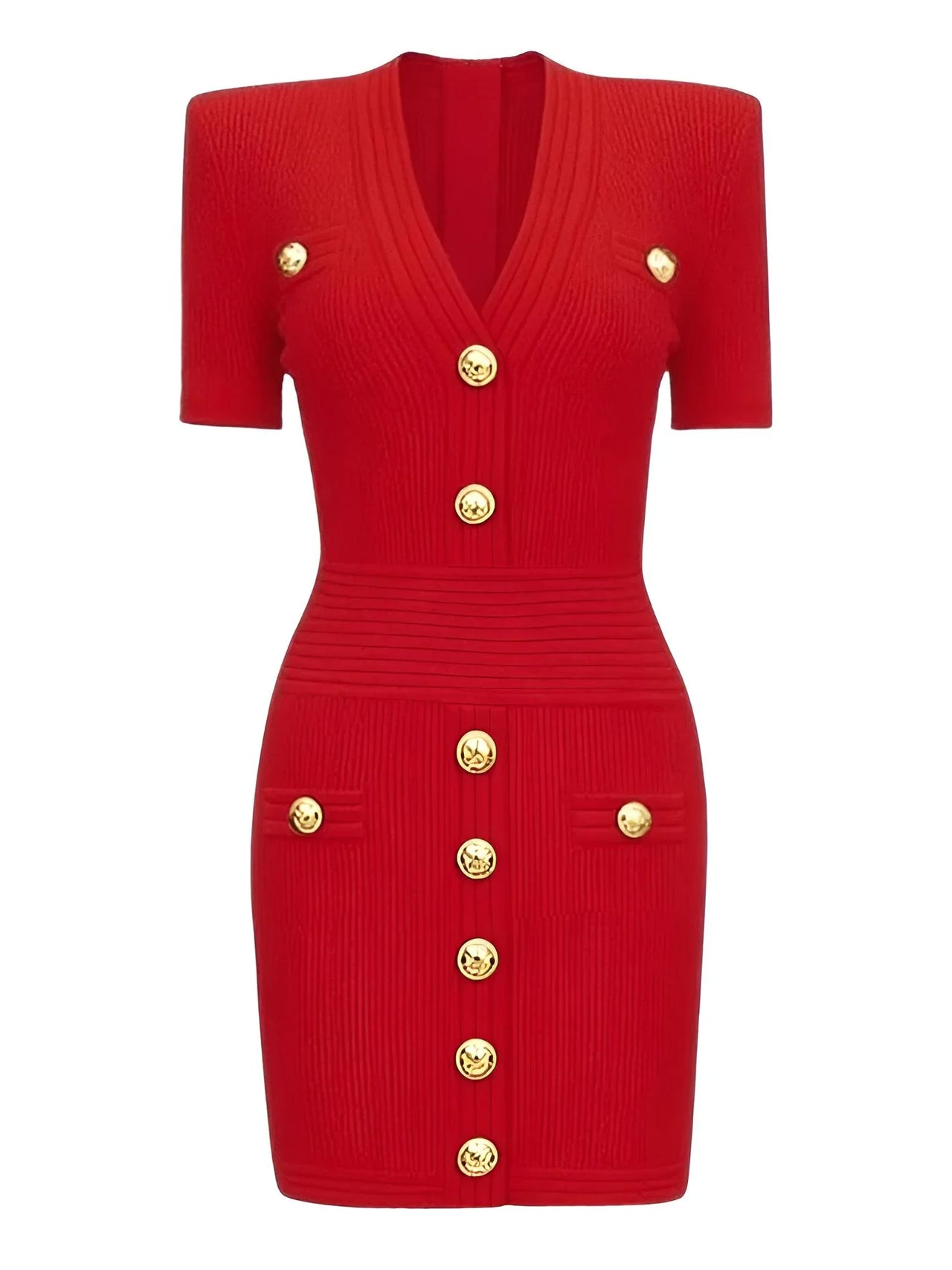 Red midi dress with gold buttons on a white background