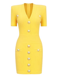 Thumbnail for Yellow midi dress with gold buttons on a white background