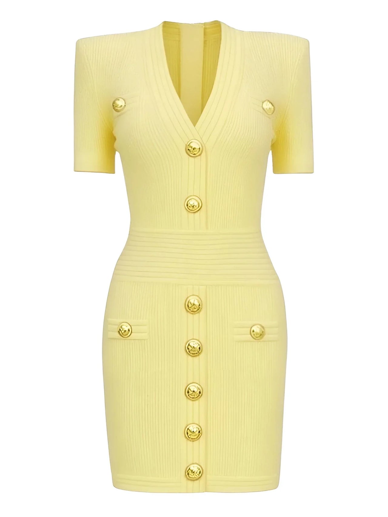 Light yellow dress with gold buttons on a white background