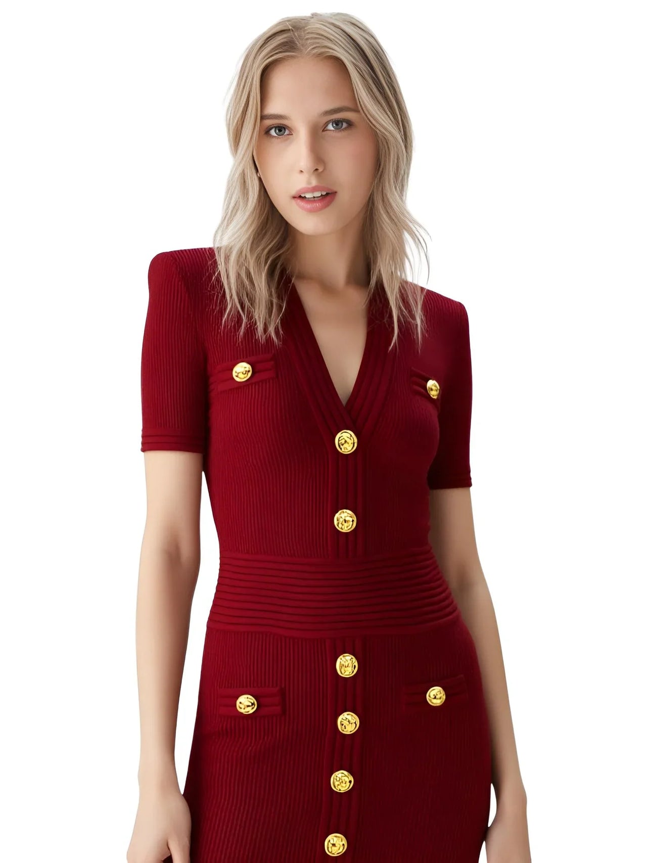 Woman wearing a dark red dress with gold buttons on a white background