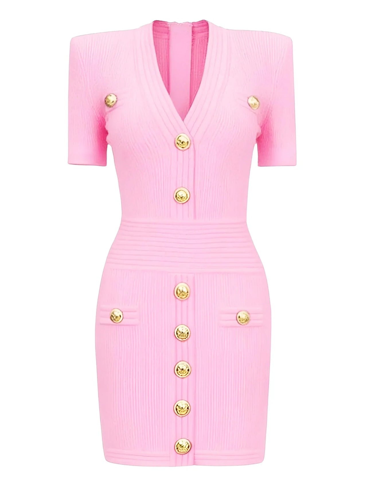 Pink midi dress with gold buttons on a white background