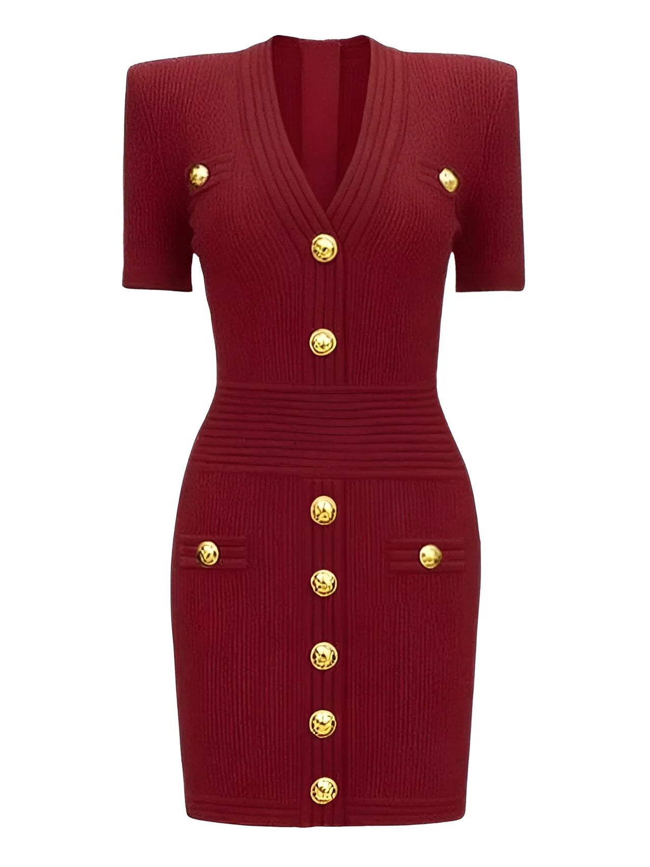 Dark red midi dress with gold buttons on a white background