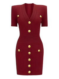 Thumbnail for Dark red midi dress with gold buttons on a white background
