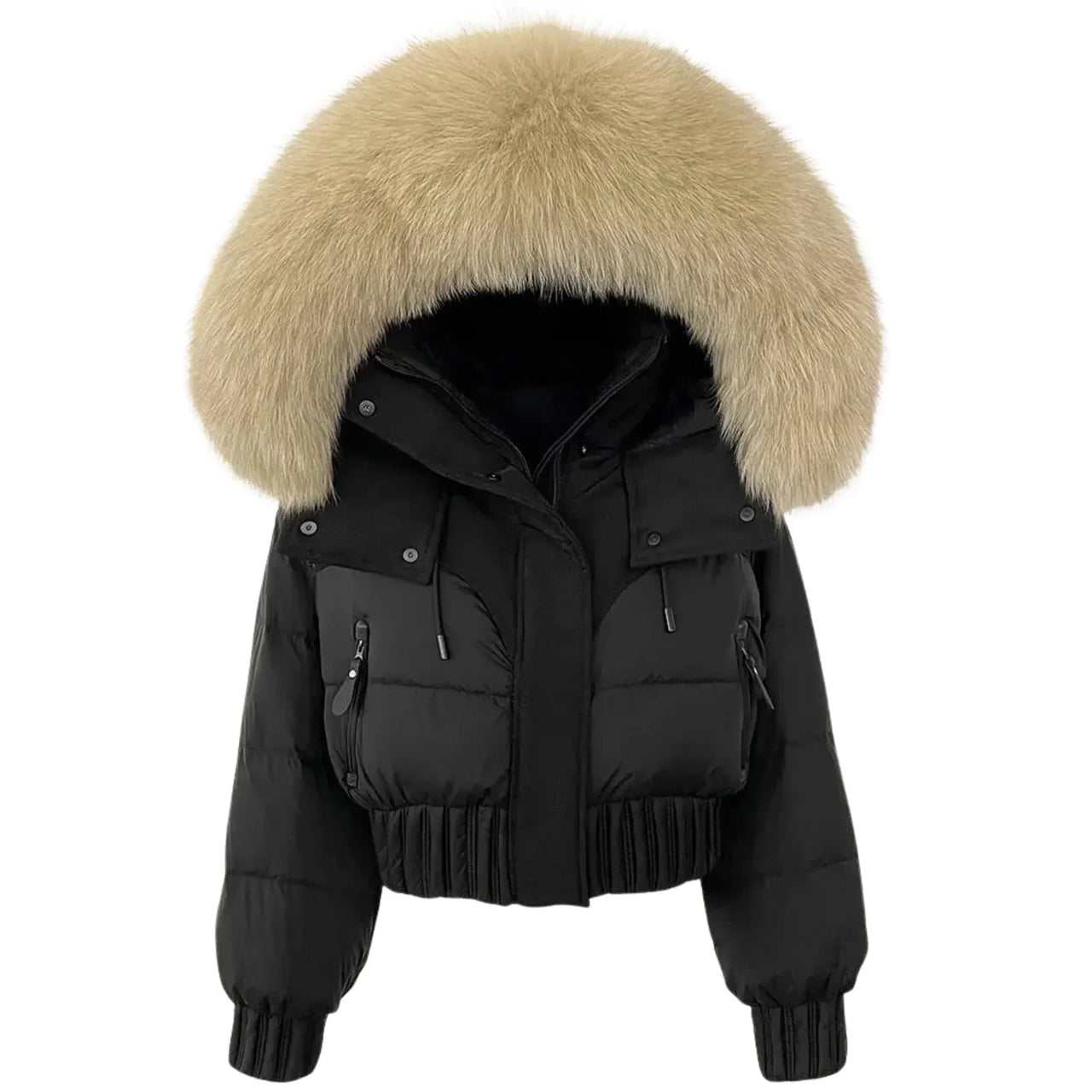Black puffer jacket with beige fur hood on a white background