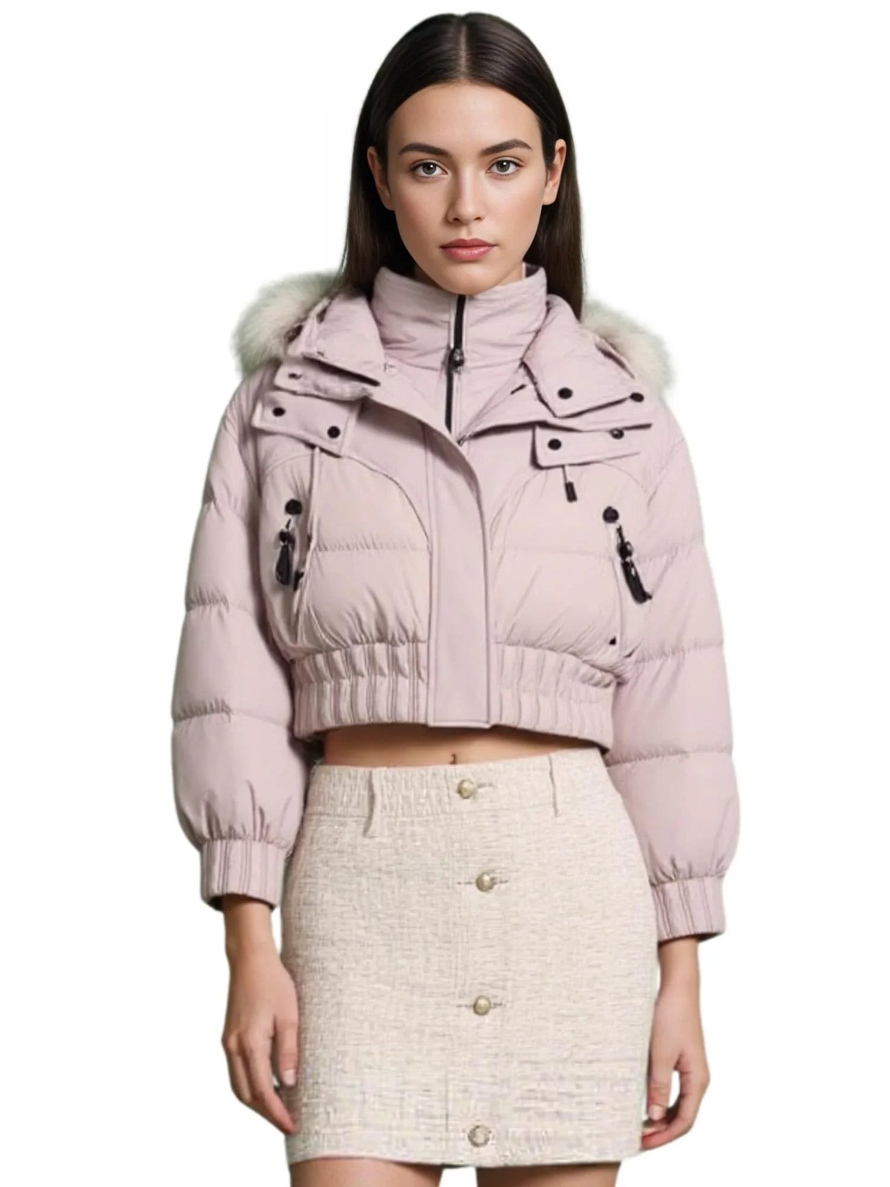 Woman wearing a pink winter jacket with a large fur hood on a white background