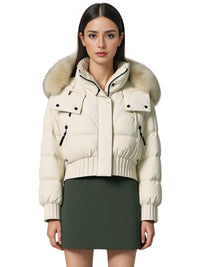 Thumbnail for Women's Short Fur Collar Jacket Hooded White Duck Down Coat, Drestiny, Coats, Jackets, S, M, United States, USA, Canada, Australia, New Zealand, United Kingdom, UK, Beige, white, brown, Black, pink, grey, Cropped fur trim jacket, shopdrestiny.com