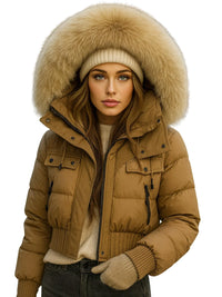 Thumbnail for Woman wearing a brown puffer jacket with fur trim on a white background