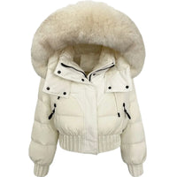 Thumbnail for White puffer jacket with a large fur hood on a white background