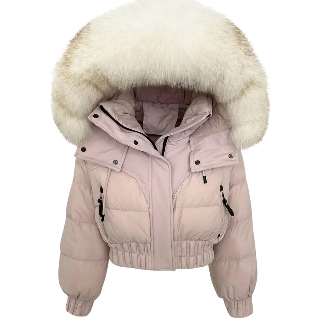 Pink winter jacket with a large fur hood on a white background