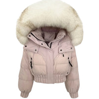 Thumbnail for Pink winter jacket with a large fur hood on a white background