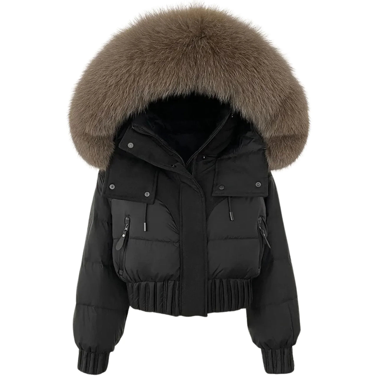Black puffer jacket with large fur hood on a white background
