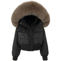 Thumbnail for Black puffer jacket with large fur hood on a white background
