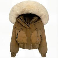 Thumbnail for Brown puffer jacket with fur hood on a white background