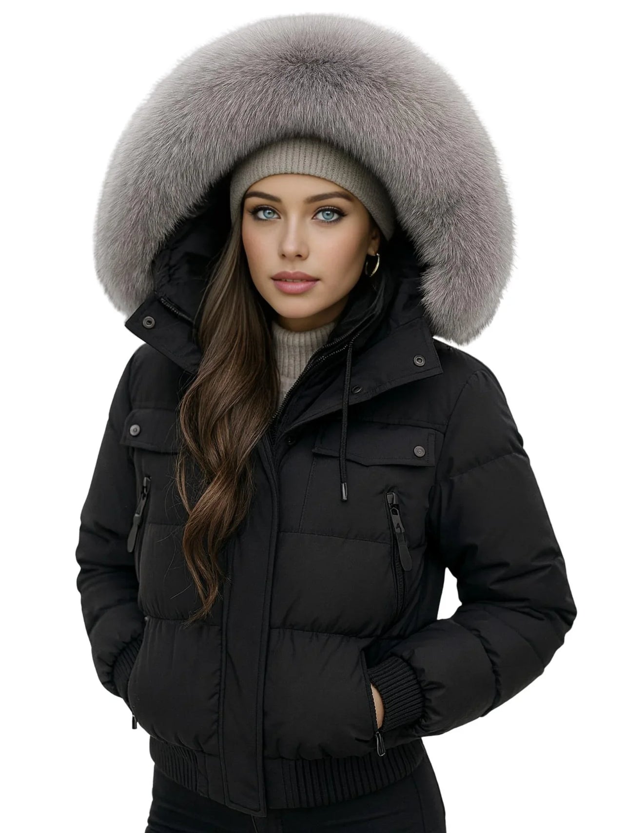 Woman wearing a black puffer jacket with gray fur hood on a white background