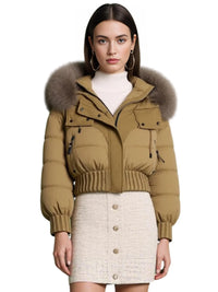 Thumbnail for Woman wearing a brown puffer jacket with fur hood on a white background