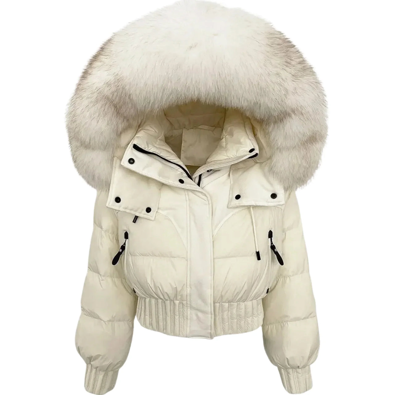 White puffer jacket with a large fur hood on a white background