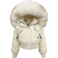 Thumbnail for White puffer jacket with a large fur hood on a white background
