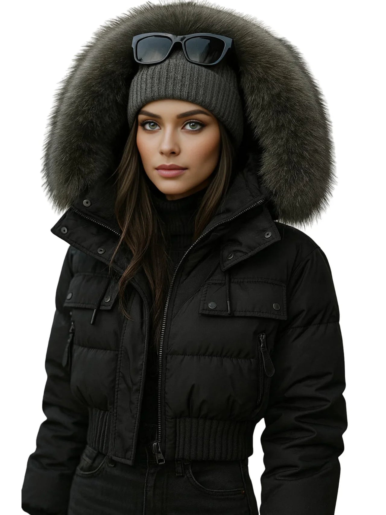 Woman wearing a black puffer jacket with large fur hood on a white background