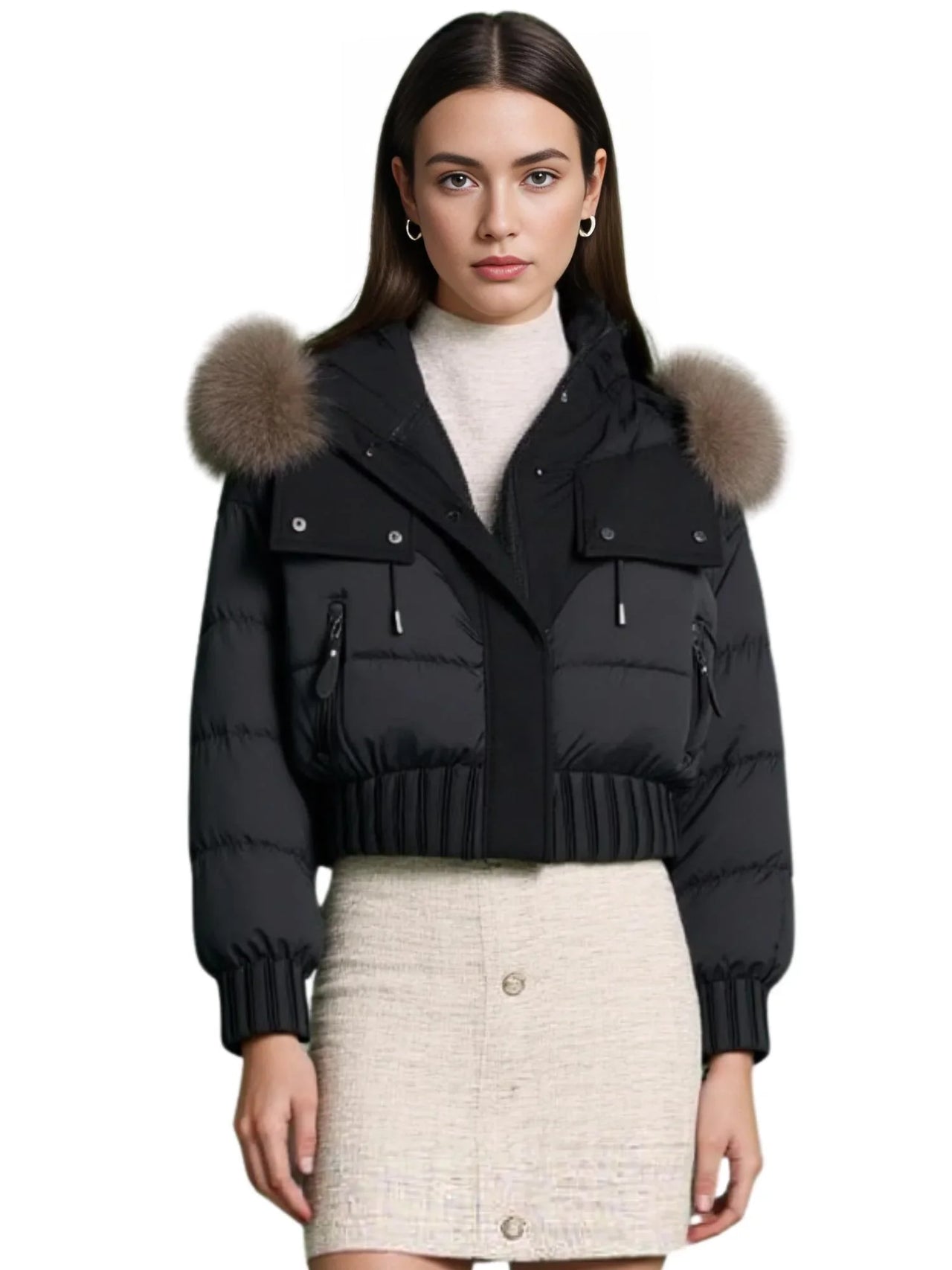 Woman wearing a Black puffer jacket with large fur hood on a white background