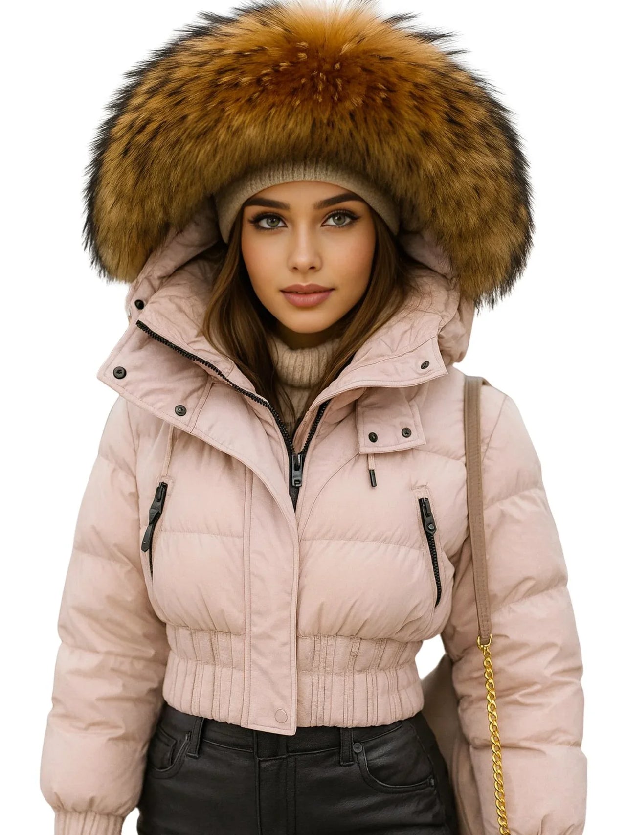 Woman wearing a pink puffer jacket with a fur-lined hood on a white background