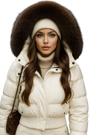 Thumbnail for Women's Short Fur Collar Jacket Hooded White Duck Down Coat, Drestiny, Coats, Jackets, S, M, United States, USA, Canada, Australia, New Zealand, United Kingdom, UK, Beige, white, brown, Black, pink, grey, Cropped fur trim jacket, shopdrestiny.com