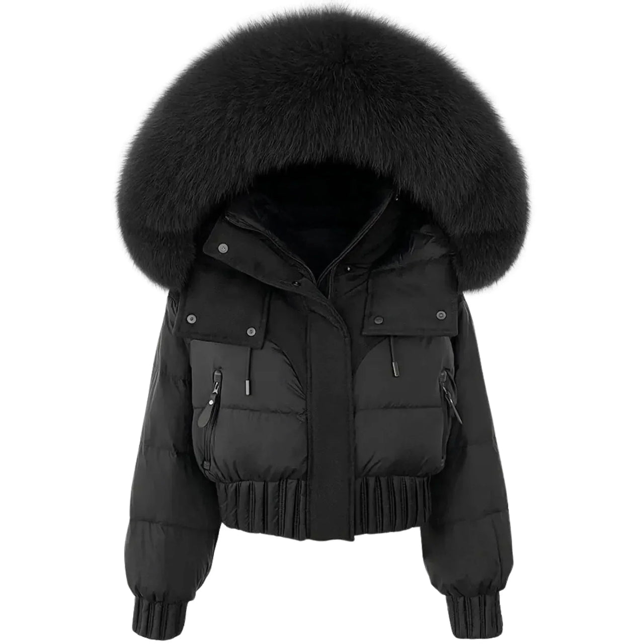 Black puffer jacket with large fur hood on a white background