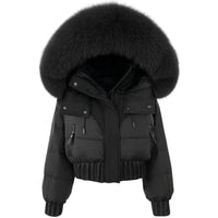 Thumbnail for Black puffer jacket with large fur hood on a white background