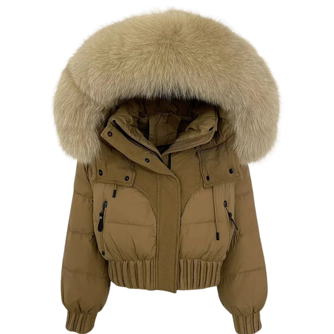 Brown puffer jacket with large fur hood on a white background