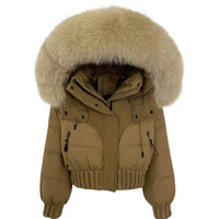 Thumbnail for Brown puffer jacket with large fur hood on a white background