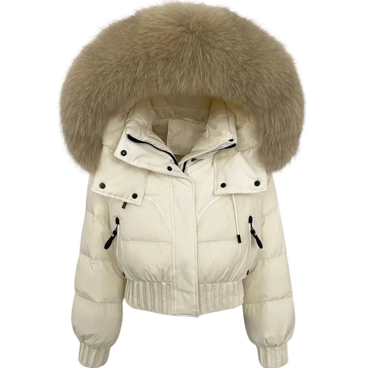 Beige puffer jacket with a large fur hood on a white background