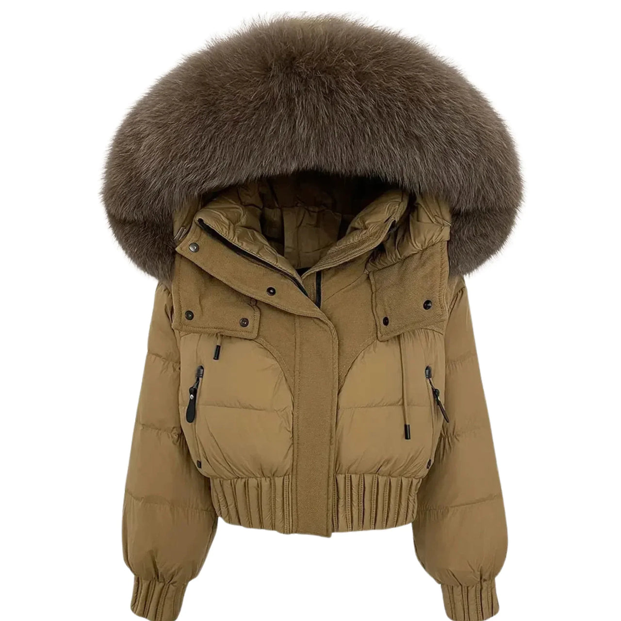 Tan winter jacket with a large fur hood on a white background