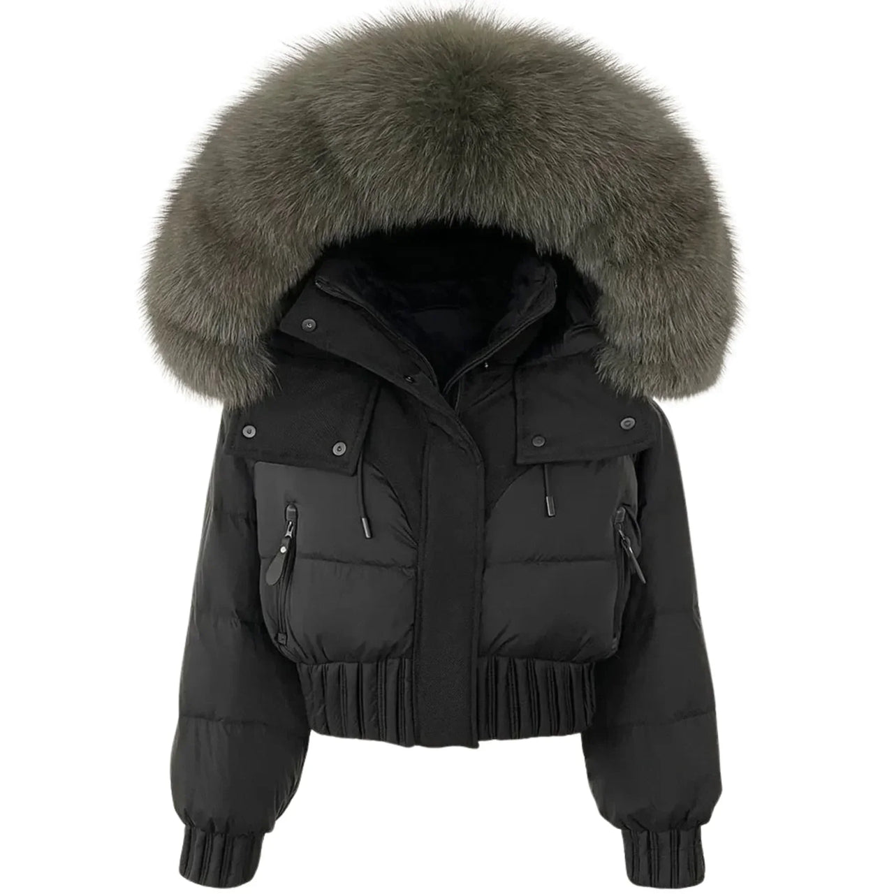 Black puffer jacket with large fur hood on a white background