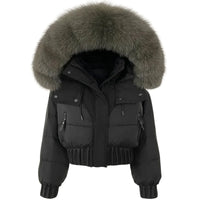 Thumbnail for Black puffer jacket with large fur hood on a white background