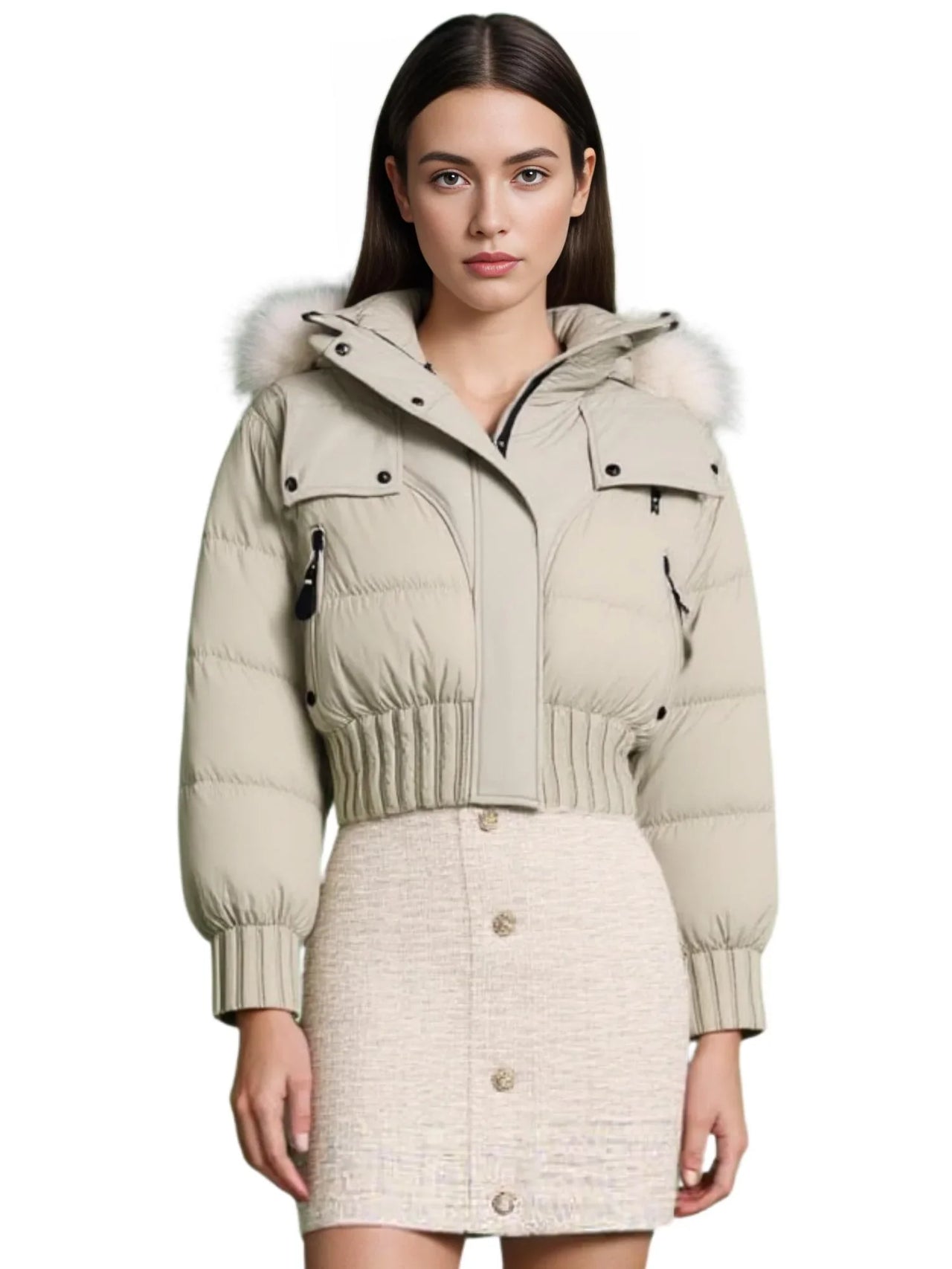 Woman wearing a beige puffer jacket with fur hood on a white background