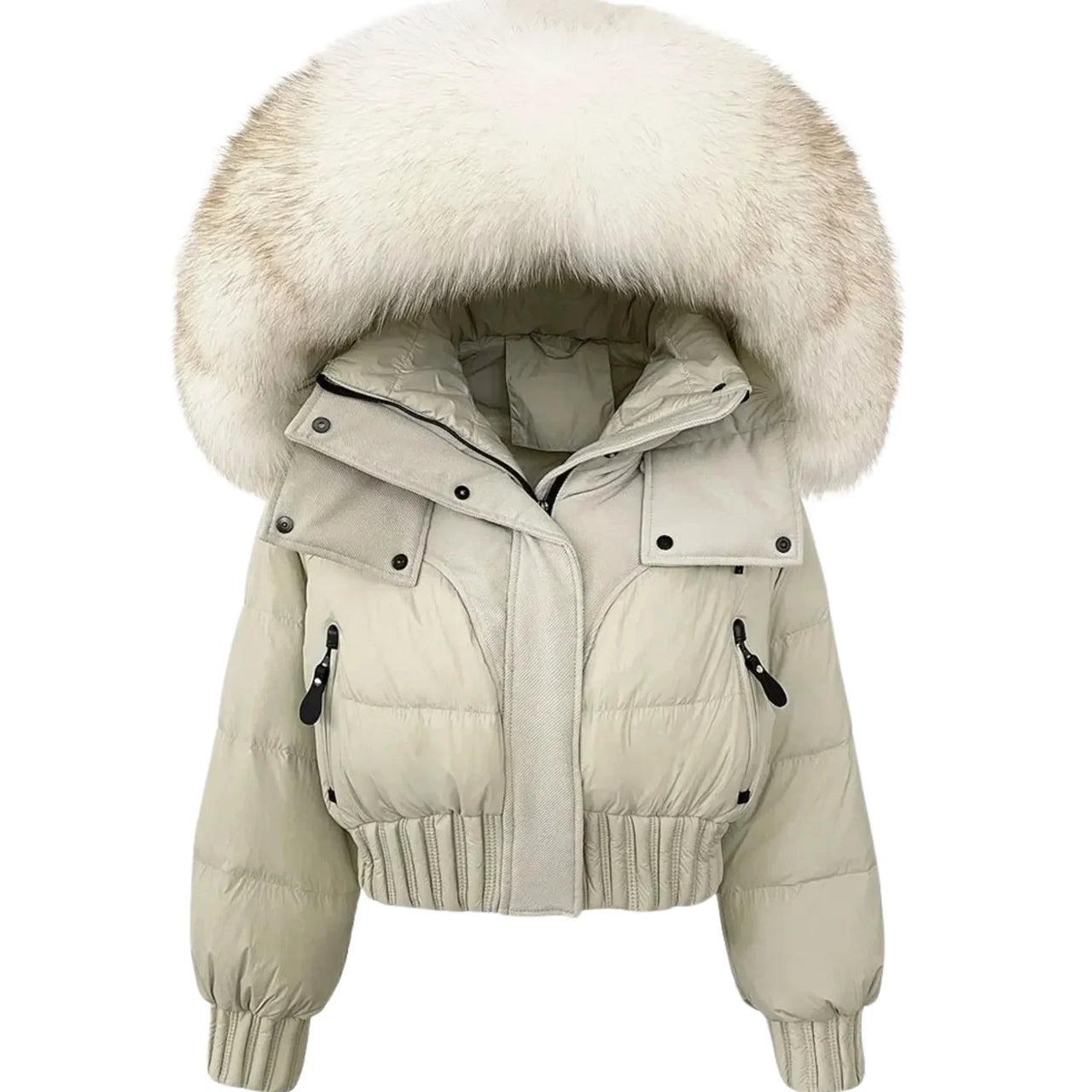 Beige puffer jacket with a large fur hood on a white background