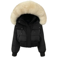 Thumbnail for Black puffer jacket with a large fur hood on a white background