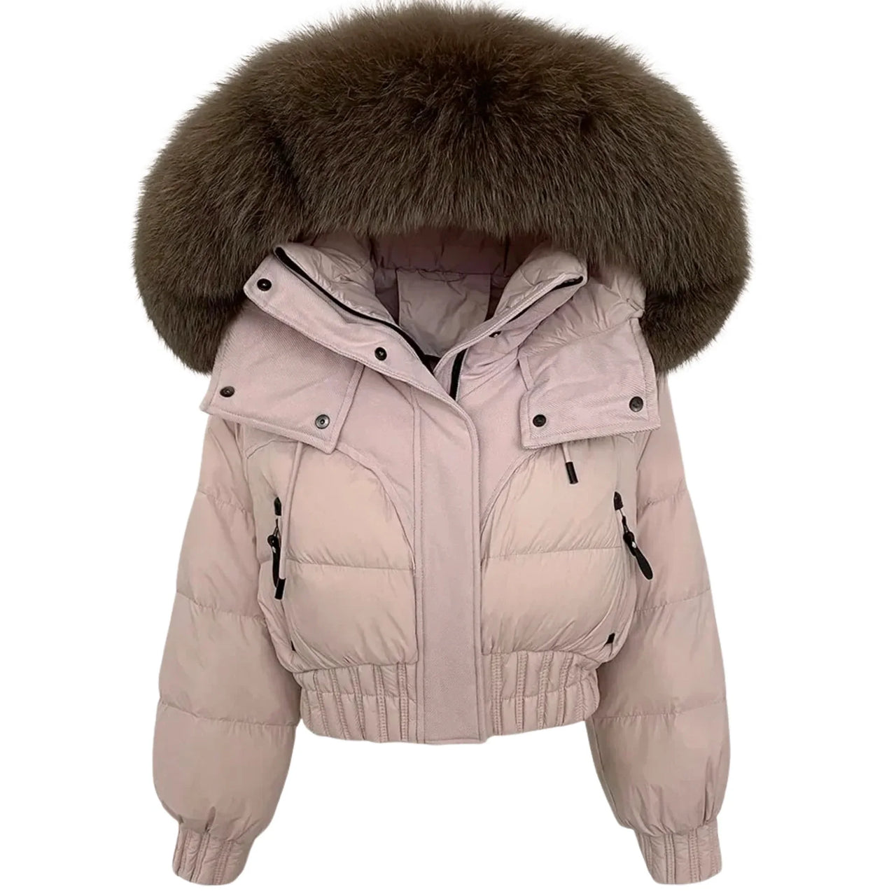 Pink puffer jacket with a large fur hood on a white background