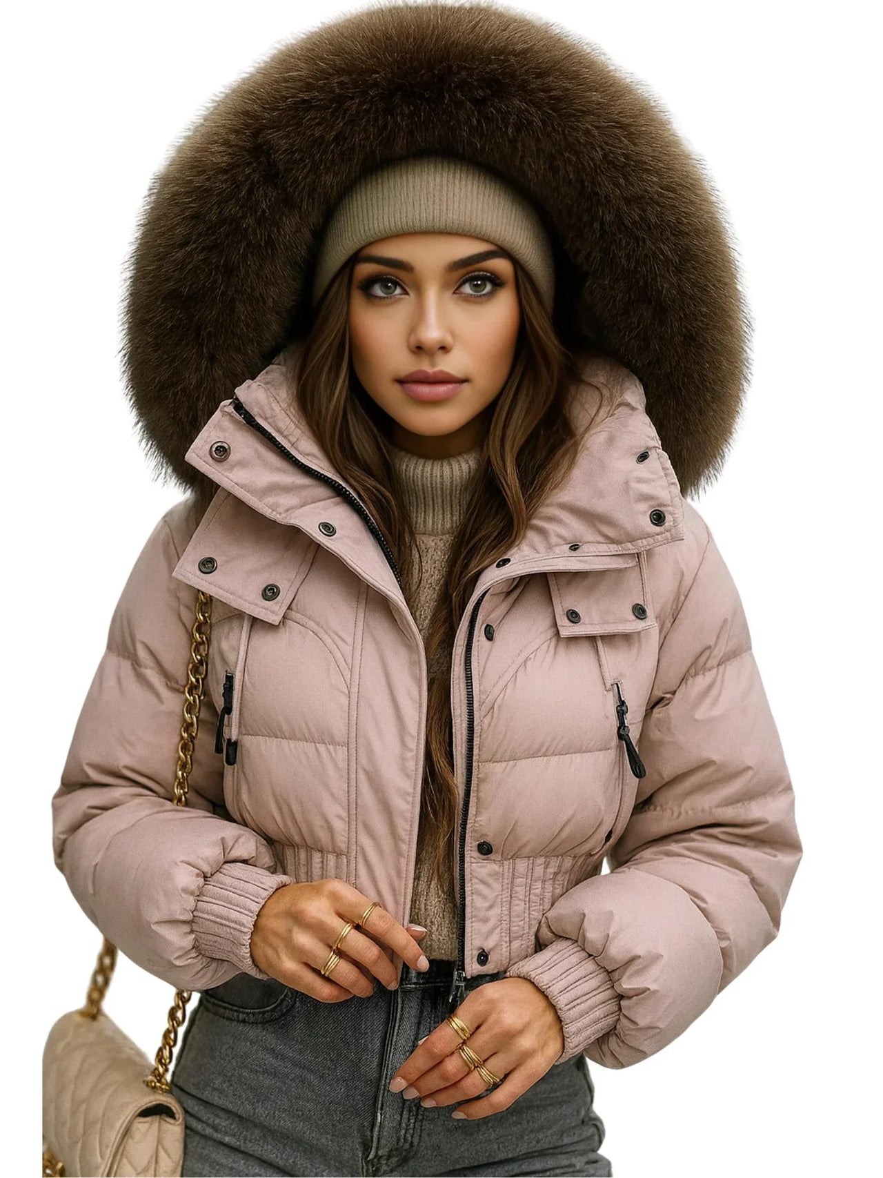 Woman wearing a pink puffer jacket with a large fur hood on a white background