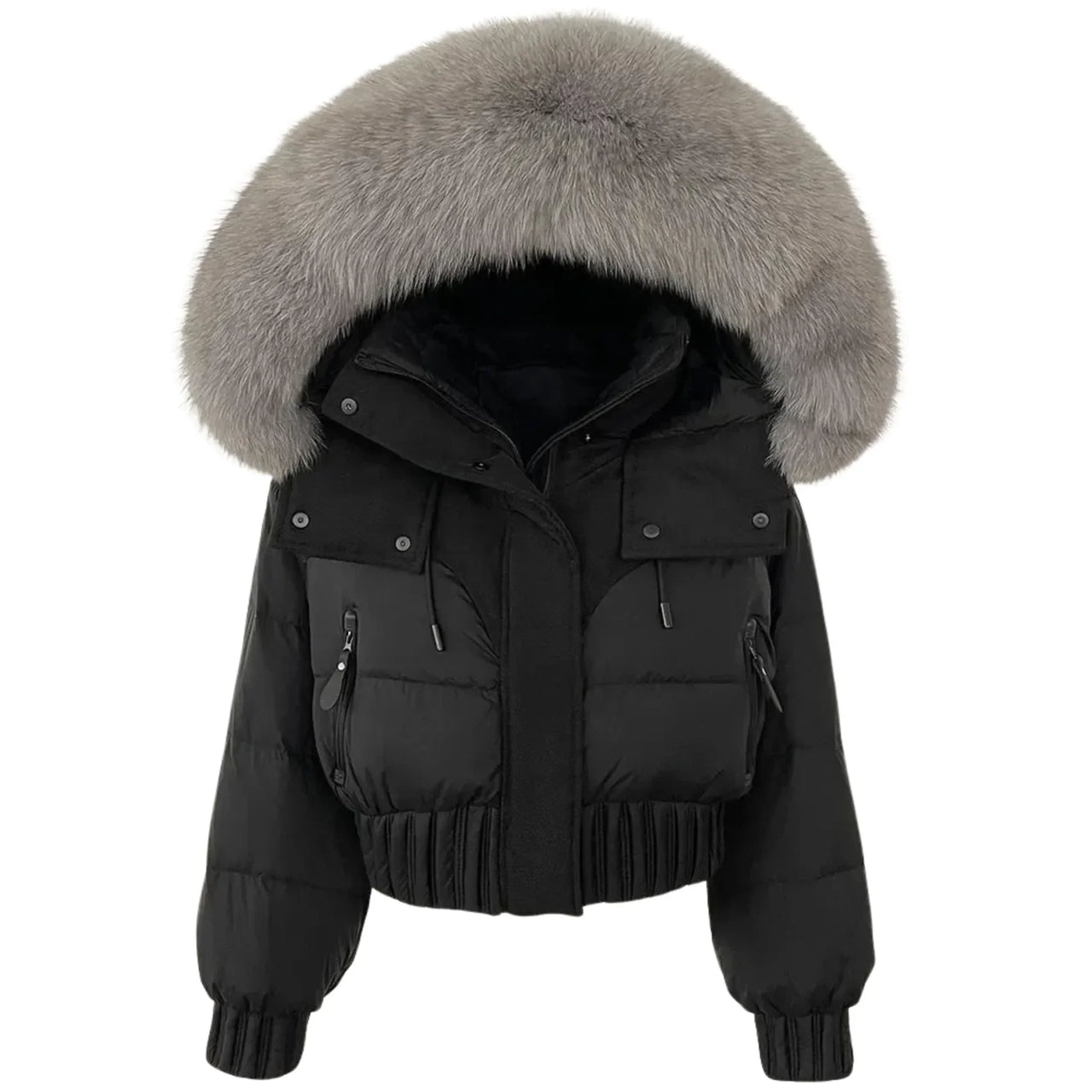 Black puffer jacket with gray fur hood on a white background