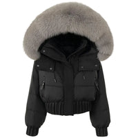 Thumbnail for Black puffer jacket with gray fur hood on a white background