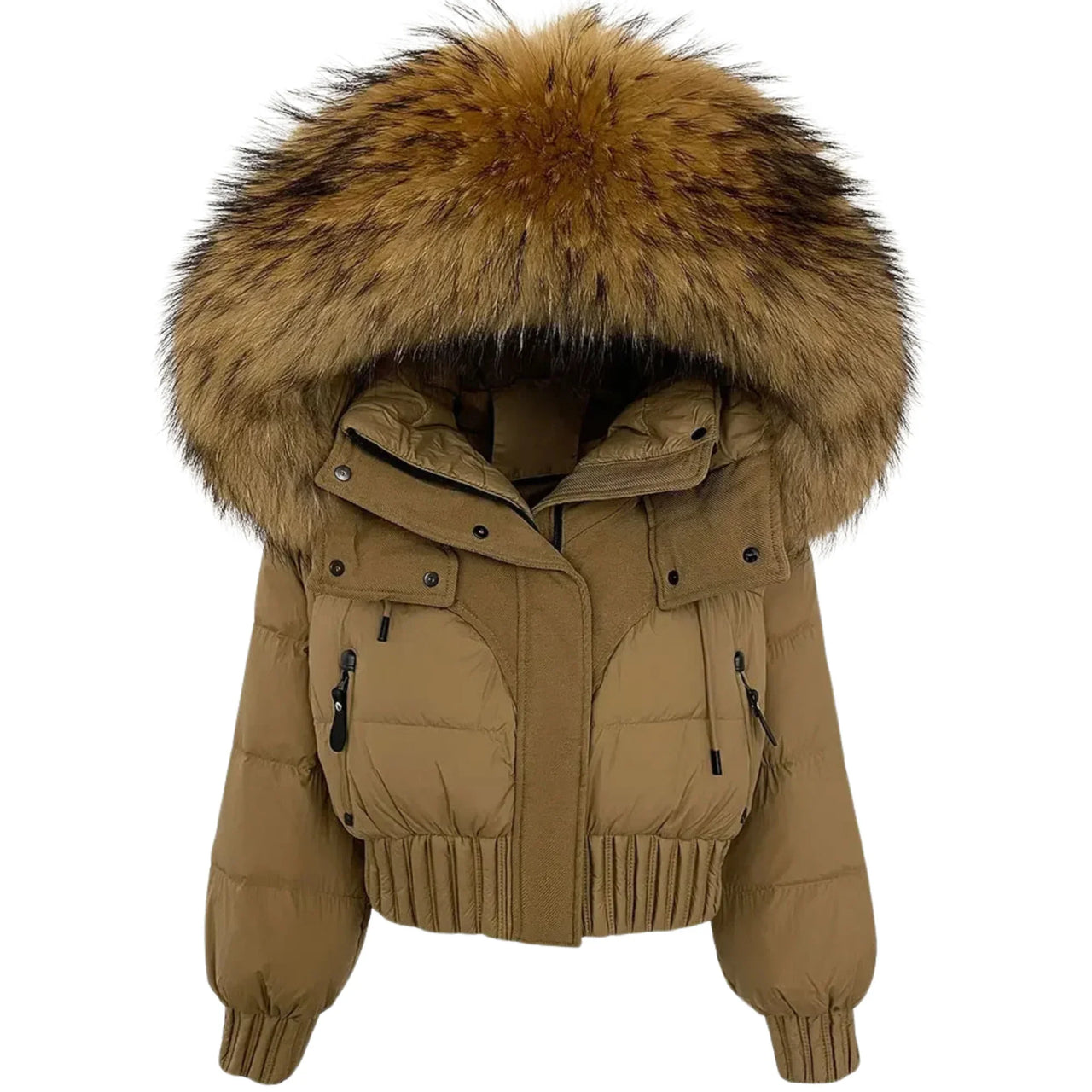 Tan winter jacket with a large fur hood on a white background